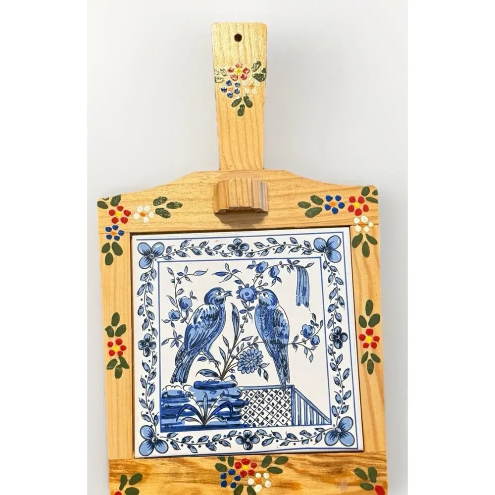 Dutch Floral Bird Ceramic Tile Wood Cutting Board Hanging With Knife Slot 13”